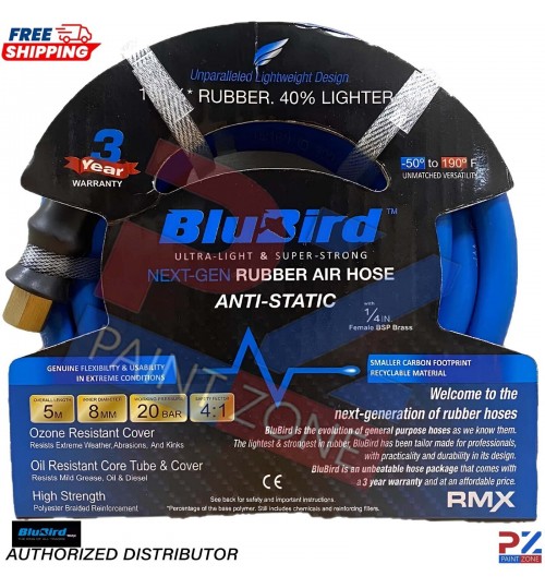 BluBird Air Hose 5m Ultra Lightweight Rubber 8mm ID 20 Bar High Pressure