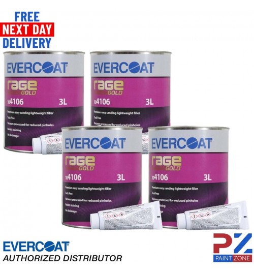 4 X EVERCOAT RAGE GOLD 104106 RAGE GOLD POLYESTER BODY FILLER & BPO HARDENER 3LT