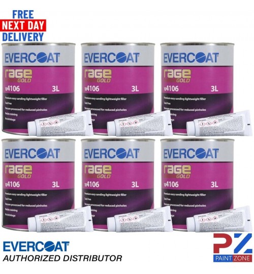 6 X EVERCOAT RAGE GOLD 104106 RAGE GOLD POLYESTER BODY FILLER & BPO HARDENER 3LT
