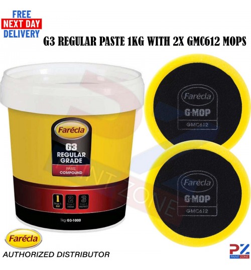 Farecla G3-1000 Regular Compound 1KG Tub + 2x GMC612 150mm Yellow Foam Pads Set