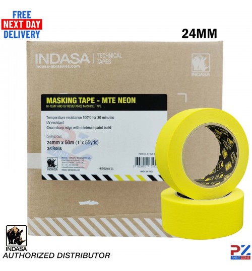 INDASA MTE-Neon 24mm Masking Tape – 50m Length – 100°C – Box of 36 Rolls
