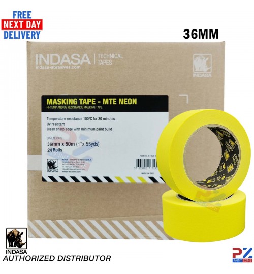 INDASA MTE-Neon 36mm Masking Tape – 50m Length – 100°C – Box of 24 Rolls