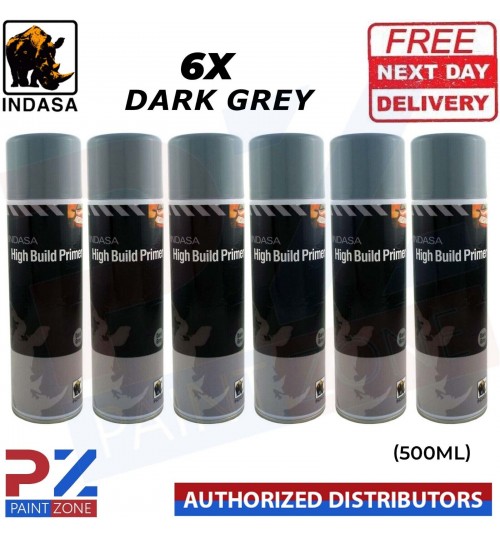 6x Indasa High Build Primer Aerosol Dark Grey Spray Paint 500ml