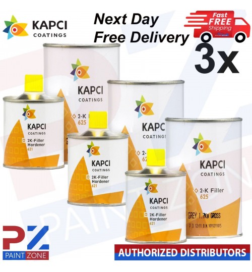 3X KAPCI Coatings 625 HIGH PRIMER GREY + KAPCI 2K Filler HARDENER 4.25 Litre KIT