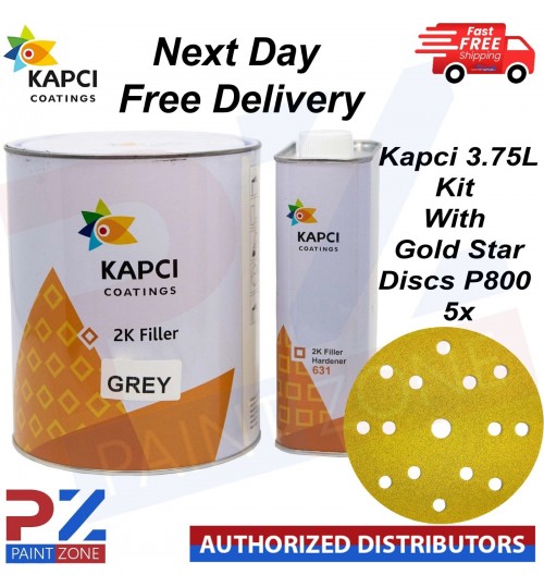 Kapci 3.75L 2K High Build Filler Primer Kit Grey - With Gold Star Discs P800 5x