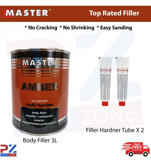 MASTER AMBER MULTI FUNCTION CAR BODY FILLER 3LTR WITH 2 X FILLER HARDENER TUBE
