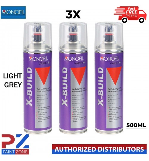 3x MONOFIL VARIO+ X BUILD SELF ETCH PRIMER FILLER LIGHT GREY SPRAY Aerosol 500ml