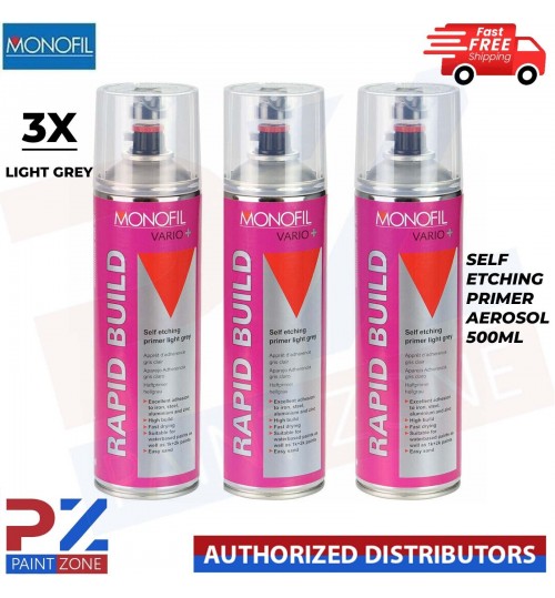 3x MONOFIL VARIO+ RAPID BUILD SELF ETCHING PRIMER LIGHT GREY Aerosol 500ml
