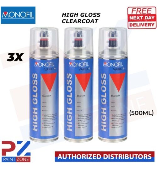 3x MONOFIL VARIO+ HIGH GLOSS CLEARCOAT FINISH LACQUER SPRAY CLEAR Aerosol 500ml