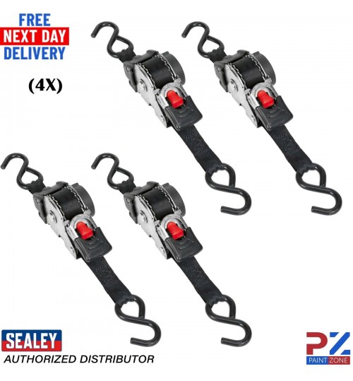 4x Sealey Auto Retract Ratchet Tie Down Straps 600kg Capacity 25mmx3m ATD25301