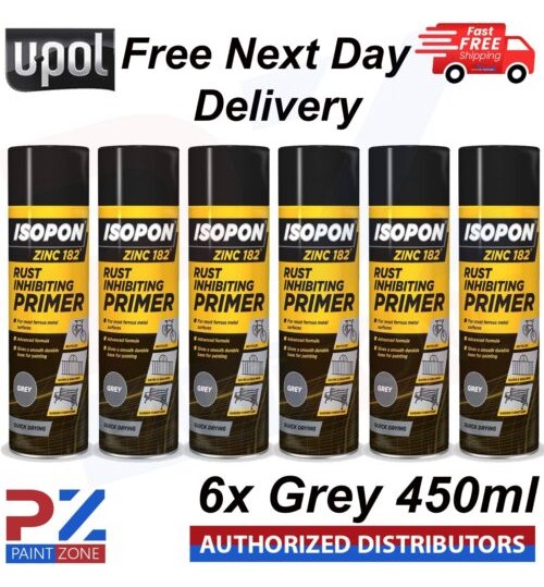 6x U-POL ISOPON ZINC 182 ANTI RUST PRIMER AEROL SPRAY INHIBITING RUST 450ML