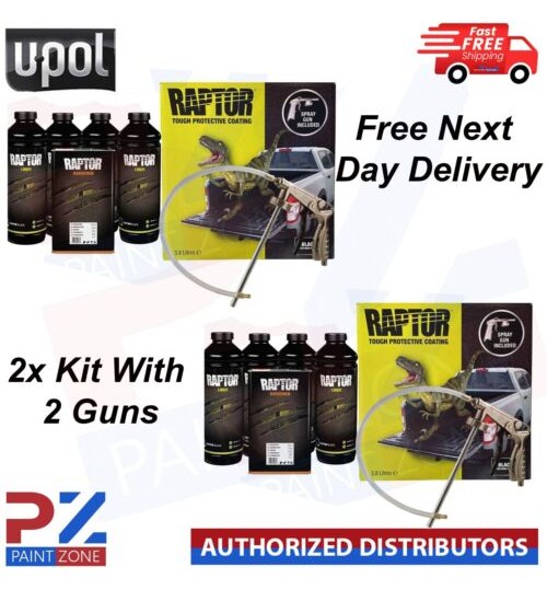 UPOL RAPTOR *BLACK * BED LINER TOUGH U-POL 4 BOTTLE KIT + **SCHUTZ SPRAY GUN**