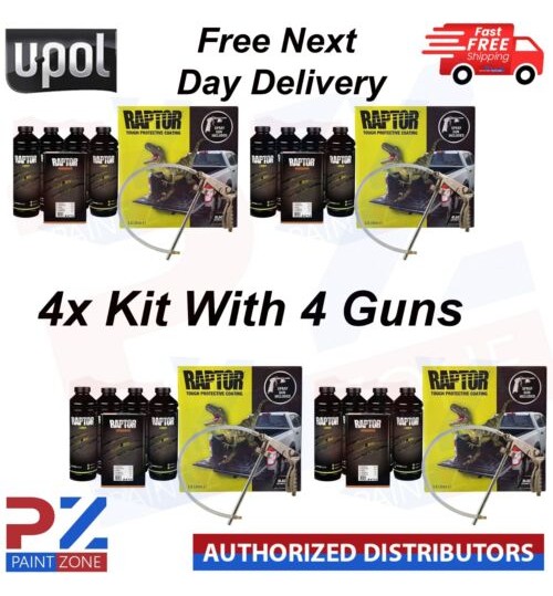 4x UPOL RAPTOR *BLACK * BED LINER TOUGH U-POL 4 BOTTLE KIT + **SCHUTZ SPRAY GUN*