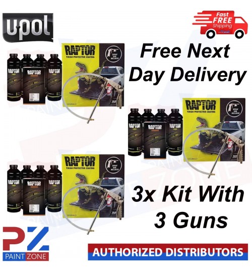3x UPOL RAPTOR *BLACK * BED LINER TOUGH U-POL 4 BOTTLE KIT + **SCHUTZ SPRAY GUN*