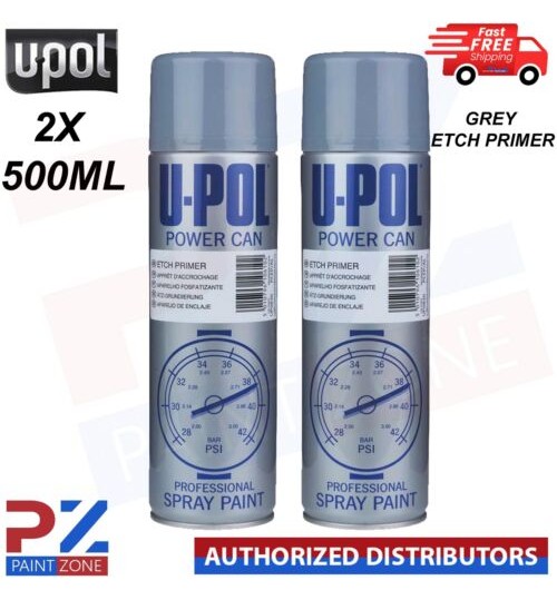 2x U-Pol Etch Primer Spray Grey Power Can Direct to metal Anti-Corrosive 500ml