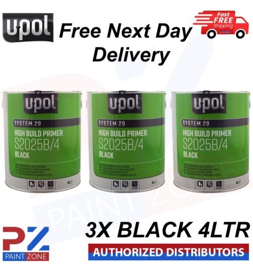 3X U-Pol 2K HS High Build Paint Primer 4:1 4 Litre BLACK S2025B Upol