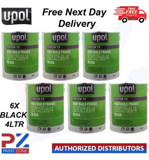 6X U-Pol 2K HS High Build Paint Primer 4:1 4 Litre BLACK S2025B Upol