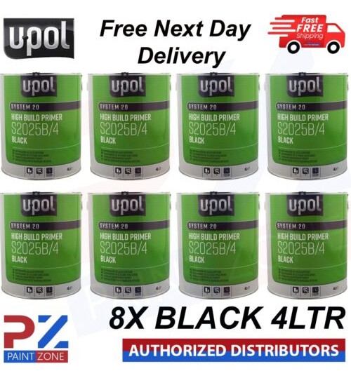 8X U-Pol 2K HS High Build Paint Primer 4:1 4 Litre BLACK S2025B Upol