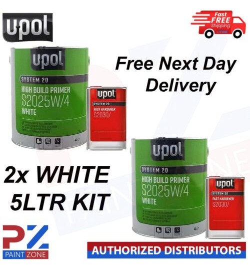 2X U-POL S2025W/4 HIGH BUILD 2K PRIMER WITH S2030 UPOL HARDENER -5LTR KIT WHITE