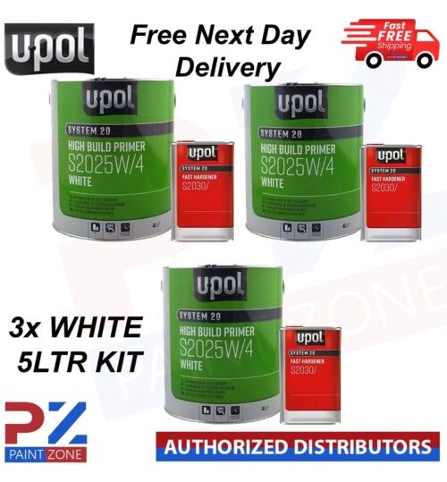 3X U-POL S2025W/4 HIGH BUILD 2K PRIMER WITH S2030 UPOL HARDENER 5LTR KIT WHITE