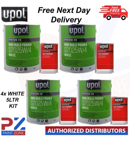 4X U-POL S2025W/4 HIGH BUILD 2K PRIMER WITH S2030 UPOL HARDENER 5LTR KIT WHITE