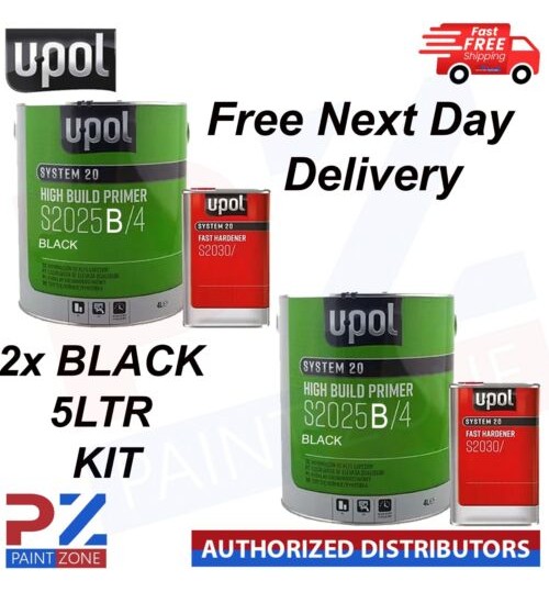 2X U-POL S2025B/4 HIGH BUILD 2K PRIMER WITH S2030 UPOL HARDENER 5LTR KIT BLACK