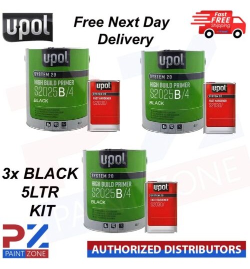 3X U-POL S2025B/4 HIGH BUILD 2K PRIMER WITH S2030 UPOL HARDENER 5LTR KIT BLACK