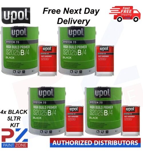 4X U-POL S2025B/4 HIGH BUILD 2K PRIMER WITH S2030 UPOL HARDENER 5LTR KIT BLACK