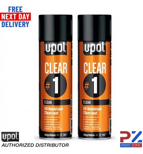 2X UPOL CLEAR #1 1k Clear Lacquer Clearcoat Aerosol 450ml U-POL UV Resistant