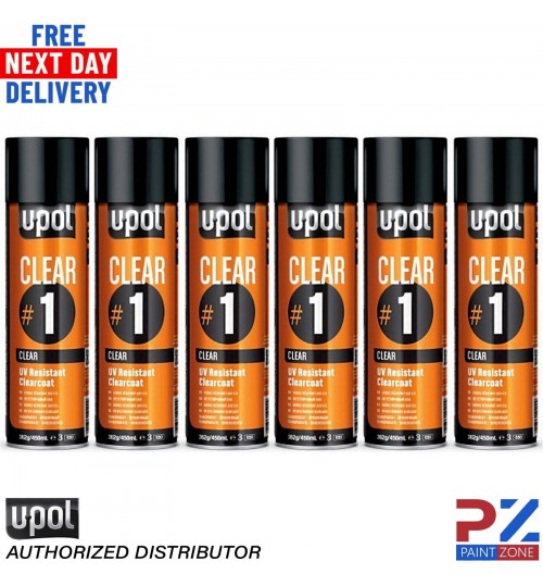 6X UPOL CLEAR #1 1k Clear Lacquer Clearcoat Aerosol 450ml U-POL UV Resistant