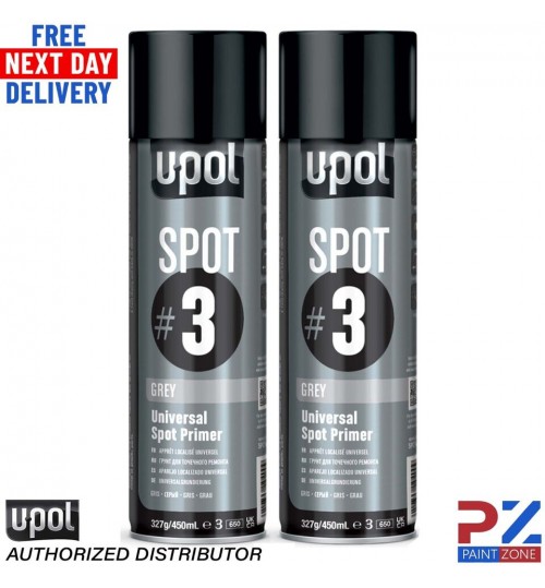 2x U-Pol Spot #3 Fast Drying Universal Grey Primer 450ml Aerosol Easy To Sand