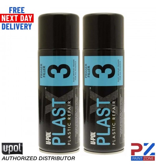 2x Upol PlastX3 Primer Filler Aerosol Plastic Bumper/Trim Paint PLAS/3 400ml