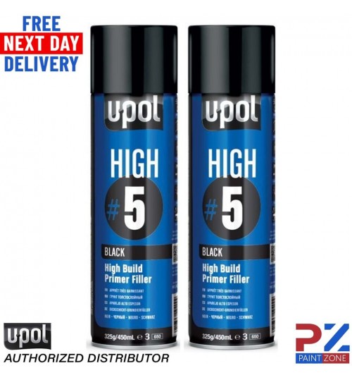 2x UPOL HIGH BUILD HIGH #5 PRIMER 450ML AEROSOL U-POL - BLACK