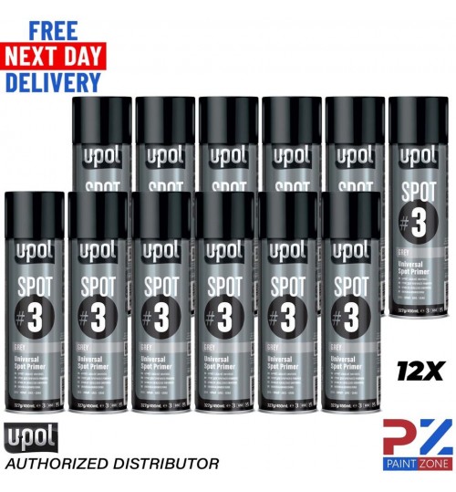 12x U-Pol Spot #3 Fast Drying Universal Grey Primer 450ml Aerosol Easy To Sand