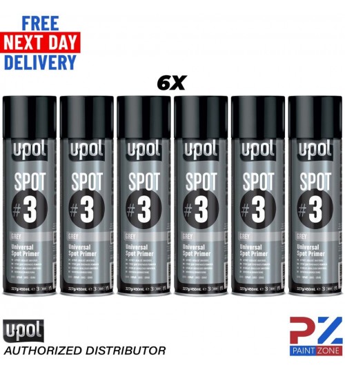 6x U-Pol Spot #3 Fast Drying Universal Grey Primer 450ml Aerosol Easy To Sand