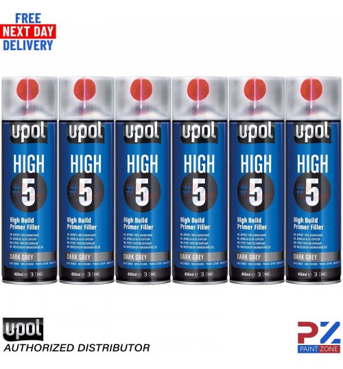 6x UPOL HIGH 5 HIGH BUILD PRIMER AEROSOL U-POL - DARK GREY
