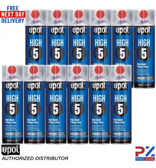 12x UPOL HIGH 5 HIGH BUILD PRIMER AEROSOL U-POL - DARK GREY