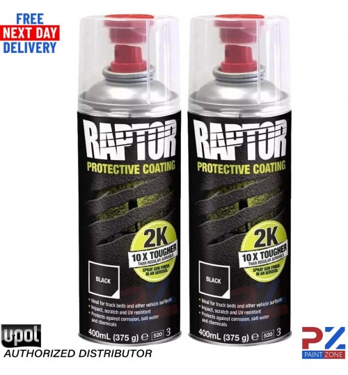2 X UPOL RAPTOR 2K TOUGH BED LINER U-POL PROTECTOR 400ML AEROSOL - BLACK