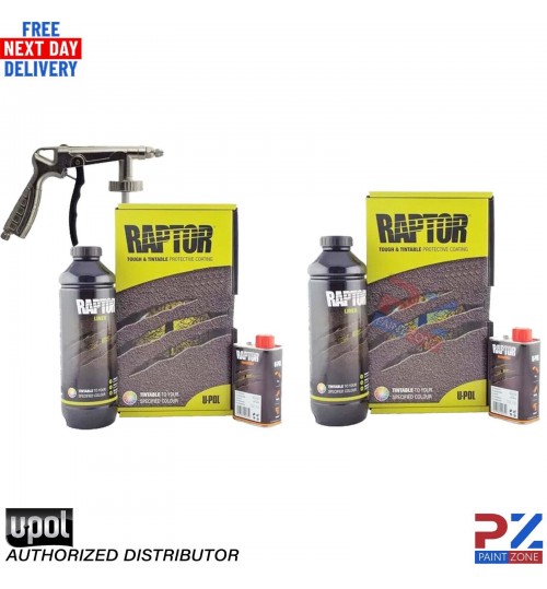 U-Pol Raptor TINTABLE 2 Bottle + Gun Kit 2K Tough Coating Liner Protective
