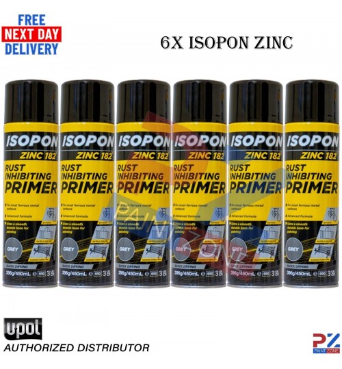 6x U-POL ISOPON ZINC 182 Rust Inhibiting Primer 1k 450ml Aerosol Spray