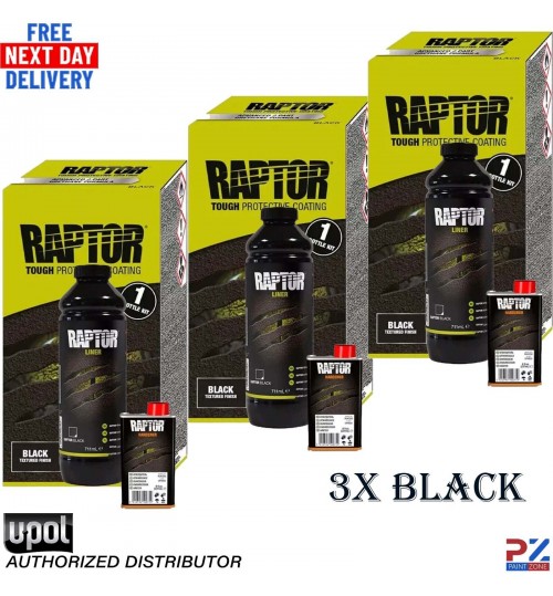 U-POL RAPTOR Black Bed Liner Kit 3x 0.95L+Hardener - High-Performance 2K Coating