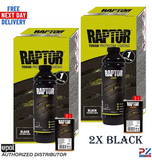 U-POL RAPTOR Black Bed Liner - 2 Bottle Kit with Hardener, Rugged Protection