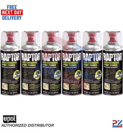 6x U-POL Raptor 2K Epoxy Primer Beige 400ml - Anti-Corrosive Aerosol