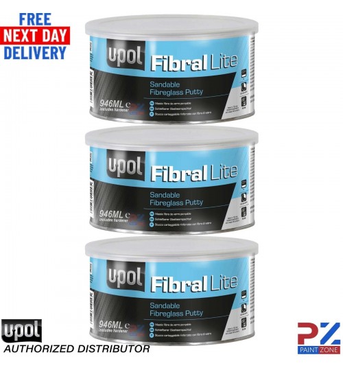 3X UPOL Fibral Light Sandable Fibreglass Putty 946ML Tin Yellow - UPOL FIBL/2