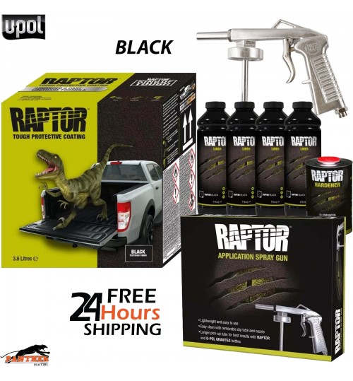 UPOL RAPTOR *BLACK* TRUCK BED LINER 4 BOTTLE 3.8L KIT + APPLICATOR GUN U-POL