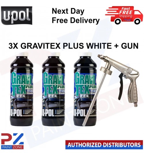 3 X U-POL GRAVITEX PLUS HS STONE CHIP COATING UPOL PROTECTER 1L WHITE - WITH GUN