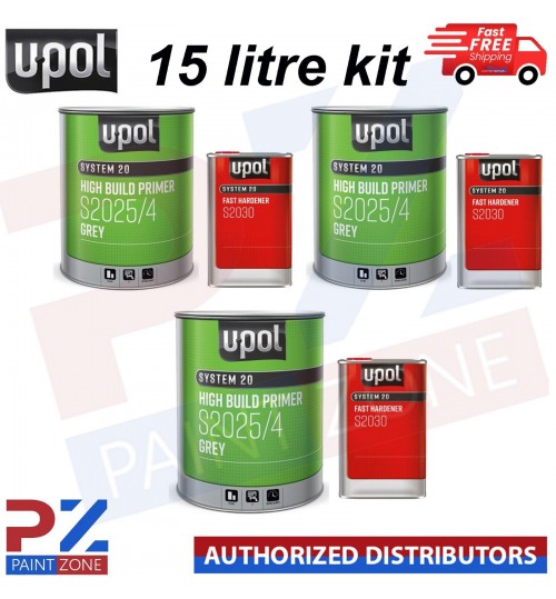 3X U-Pol 2K High Build Paint Primer GREY S2025 + S2030 Fast Hardener 5 L KIT
