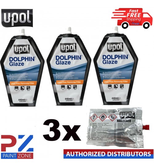 3 x U-POL Dolphin Glaze 440ml Self Levelling Glazing Putty UPOL + HARDENER TUBES