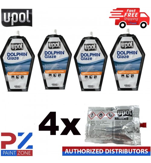 4 x U-POL Dolphin Glaze 440ml Self Levelling Glazing Putty UPOL + HARDENER TUBES