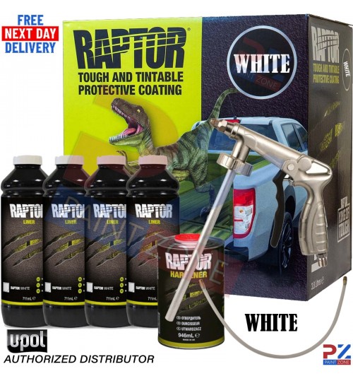 UPOL RAPTOR WHITE BED LINER TOUGH 4 BOTTLE KIT SCHUTZ + APPLICATOR SPRAY GUN